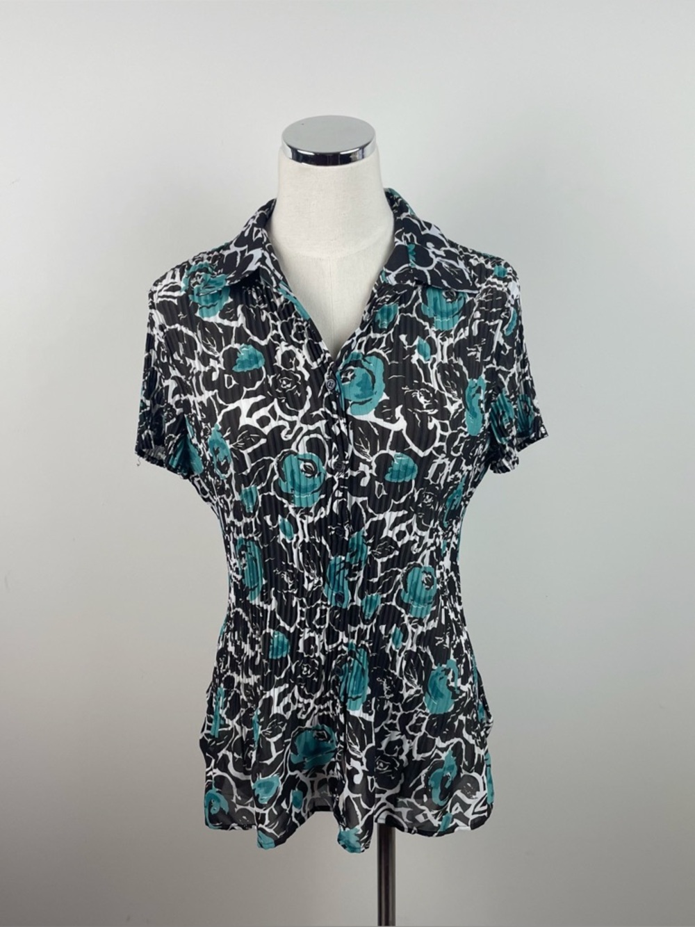 Apt. 9 Brown Blue White Floral Pleated Blouse Top Women Large